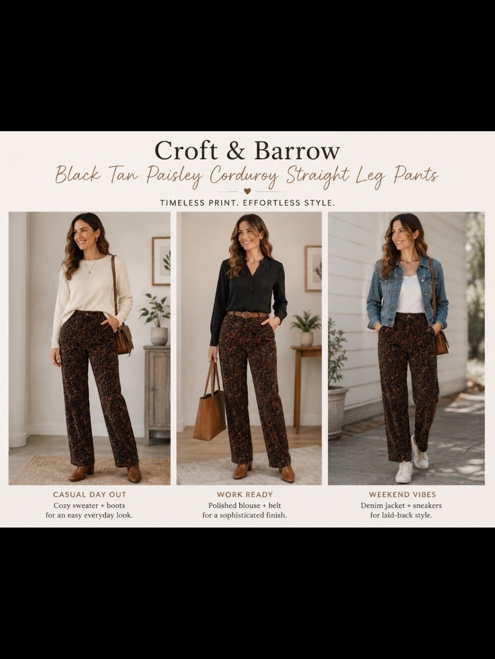 Croft & Barrow ~ Black Tan Paisley Corduroy Straight Leg Pants NWT (Size 12)